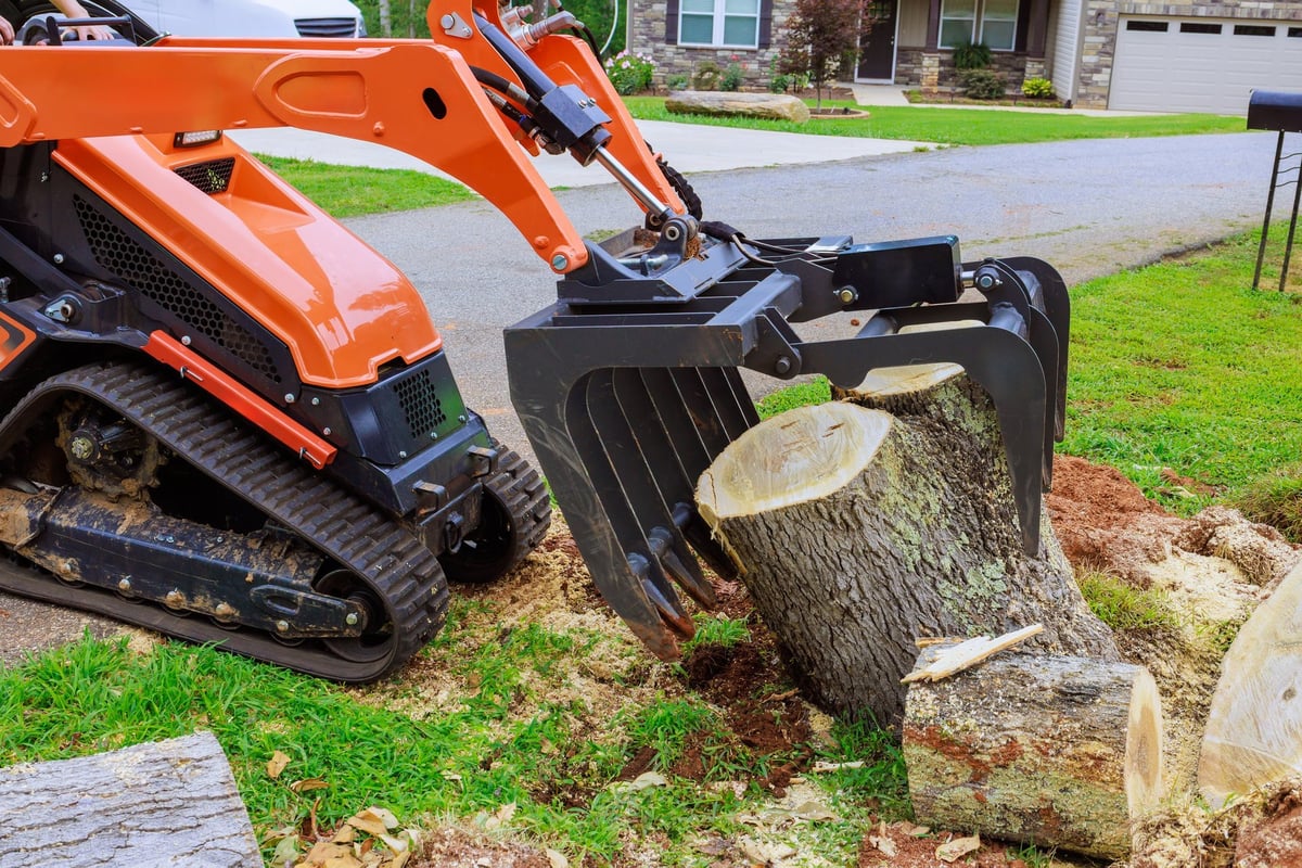 Tracker loader grinding a large tree stump after a storm